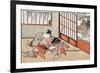 Women at a Table with a View of the Landscape, Japanese Wood-Cut Print-Lantern Press-Framed Art Print