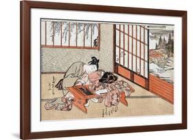 Women at a Table with a View of the Landscape, Japanese Wood-Cut Print-Lantern Press-Framed Premium Giclee Print