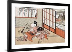 Women at a Table with a View of the Landscape, Japanese Wood-Cut Print-Lantern Press-Framed Premium Giclee Print