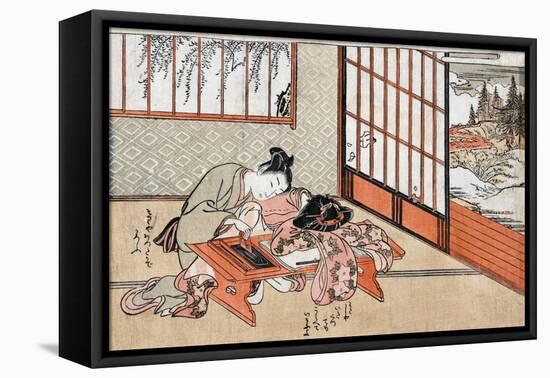 Women at a Table with a View of the Landscape, Japanese Wood-Cut Print-Lantern Press-Framed Stretched Canvas