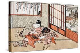 Women at a Table with a View of the Landscape, Japanese Wood-Cut Print-Lantern Press-Stretched Canvas