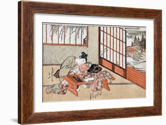 Women at a Table with a View of the Landscape, Japanese Wood-Cut Print-Lantern Press-Framed Art Print