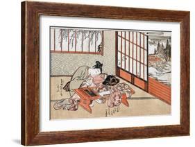 Women at a Table with a View of the Landscape, Japanese Wood-Cut Print-Lantern Press-Framed Art Print