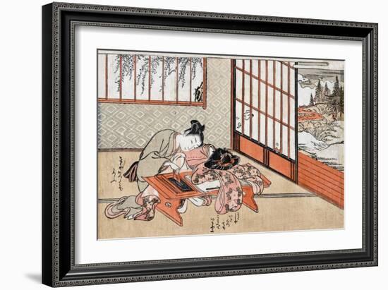 Women at a Table with a View of the Landscape, Japanese Wood-Cut Print-Lantern Press-Framed Art Print