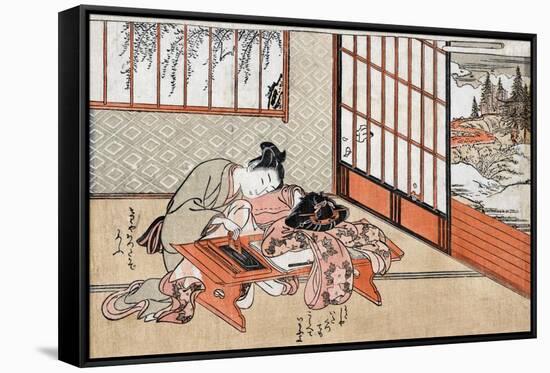 Women at a Table with a View of the Landscape, Japanese Wood-Cut Print-Lantern Press-Framed Stretched Canvas
