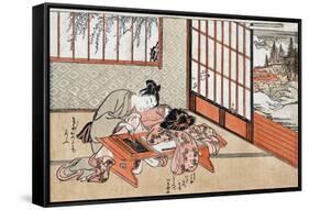 Women at a Table with a View of the Landscape, Japanese Wood-Cut Print-Lantern Press-Framed Stretched Canvas