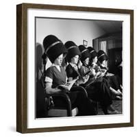 Women Aviation Workers under Hair Dryers in Beauty Salon, North American Aviation's Woodworth Plant-Charles E^ Steinheimer-Framed Photographic Print