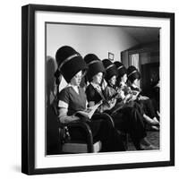 Women Aviation Workers under Hair Dryers in Beauty Salon, North American Aviation's Woodworth Plant-Charles E^ Steinheimer-Framed Photographic Print