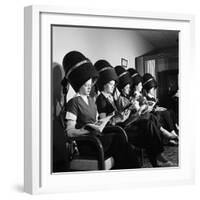 Women Aviation Workers under Hair Dryers in Beauty Salon, North American Aviation's Woodworth Plant-Charles E^ Steinheimer-Framed Photographic Print