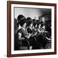 Women Aviation Workers under Hair Dryers in Beauty Salon, North American Aviation's Woodworth Plant-Charles E^ Steinheimer-Framed Photographic Print