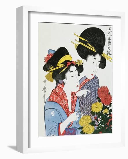 Women Cutting Chrysanthemums-null-Framed Giclee Print