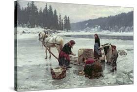 Women doing laundry through a hole in the ice, 1891-Jahn Ekenaes-Stretched Canvas