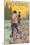 Women Fly Fishing, Anchorage, Alaska-Lantern Press-Mounted Art Print