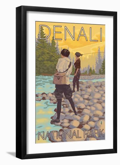 Women Fly Fishing, Denali National Park, Alaska-Lantern Press-Framed Art Print