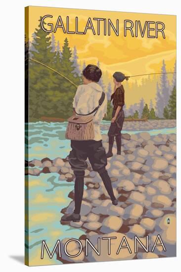 Women Fly Fishing, Gallatin River, Montana-Lantern Press-Stretched Canvas