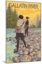Women Fly Fishing, Gallatin River, Montana-Lantern Press-Mounted Art Print