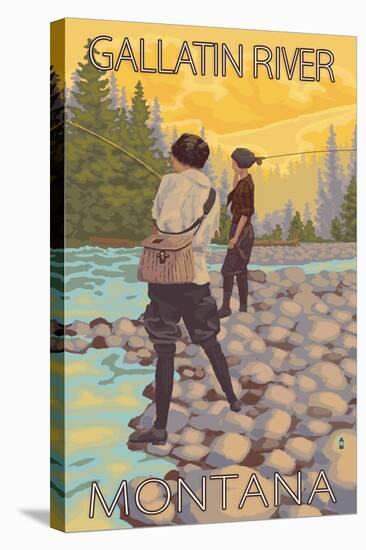 Women Fly Fishing, Gallatin River, Montana-Lantern Press-Stretched Canvas