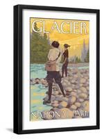 Women Fly Fishing, Glacier National Park, Montana-Lantern Press-Framed Art Print