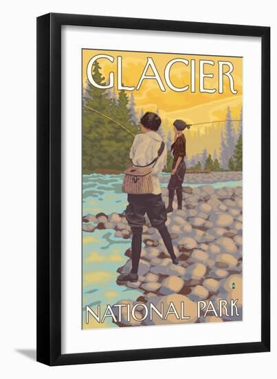 Women Fly Fishing, Glacier National Park, Montana-Lantern Press-Framed Art Print