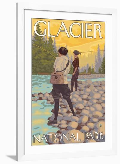 Women Fly Fishing, Glacier National Park, Montana-Lantern Press-Framed Art Print