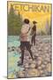 Women Fly Fishing, Ketchikan, Alaska-Lantern Press-Mounted Art Print