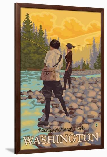 Women Fly Fishing, Mt. Rainier National Park, Washington-Lantern Press-Framed Art Print