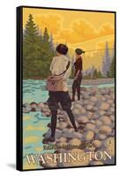 Women Fly Fishing, Mt. Rainier National Park, Washington-Lantern Press-Framed Stretched Canvas