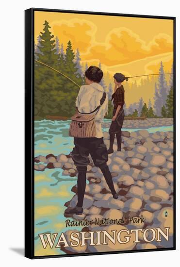 Women Fly Fishing, Mt. Rainier National Park, Washington-Lantern Press-Framed Stretched Canvas