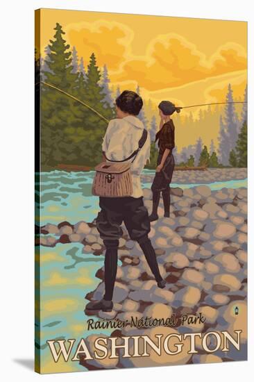 Women Fly Fishing, Mt. Rainier National Park, Washington-Lantern Press-Stretched Canvas