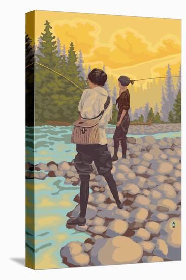 Women Fly Fishing Scene-Lantern Press-Stretched Canvas