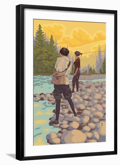 Women Fly Fishing Scene-Lantern Press-Framed Art Print