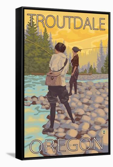 Women Fly Fishing, Troutdale, Oregon-Lantern Press-Framed Stretched Canvas