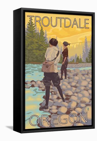 Women Fly Fishing, Troutdale, Oregon-Lantern Press-Framed Stretched Canvas