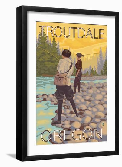 Women Fly Fishing, Troutdale, Oregon-Lantern Press-Framed Art Print