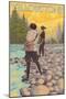 Women Fly Fishing, Yellowstone National Park-Lantern Press-Mounted Art Print