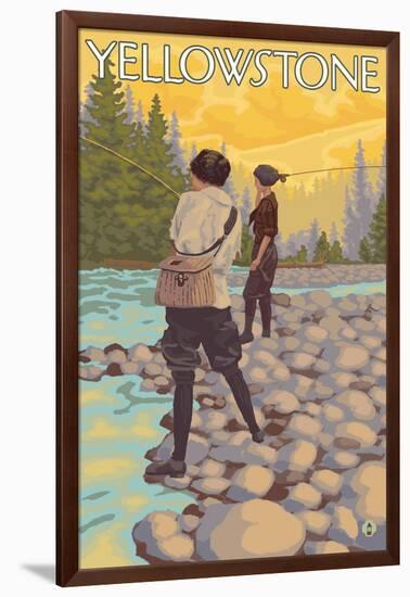 Women Fly Fishing, Yellowstone National Park-Lantern Press-Framed Art Print