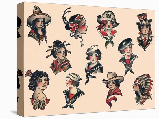 Women from Around the World Mid-Century Tattoo Flash-null-Stretched Canvas