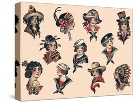 Women from Around the World Mid-Century Tattoo Flash-null-Stretched Canvas