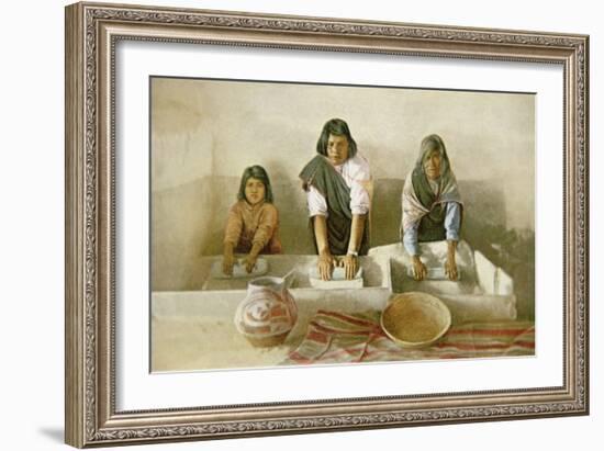 Women Grinding Corn, Pueblo of Laguna, c.1905-null-Framed Giclee Print