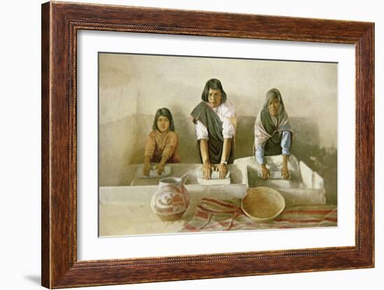 Women Grinding Corn, Pueblo of Laguna, c.1905-null-Framed Giclee Print