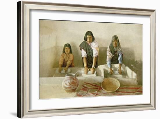 Women Grinding Corn, Pueblo of Laguna, c.1905-null-Framed Giclee Print