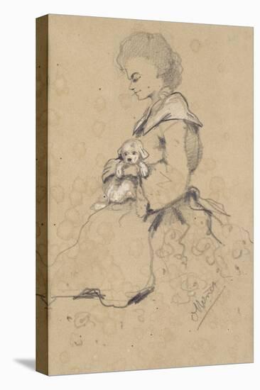 Women Holding a Small Dog, 1857 (Black and White Chalk on Paper)-Claude Monet-Stretched Canvas