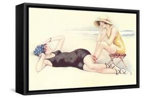 Women in Bathing Costumes Lounging on Beach-null-Framed Stretched Canvas