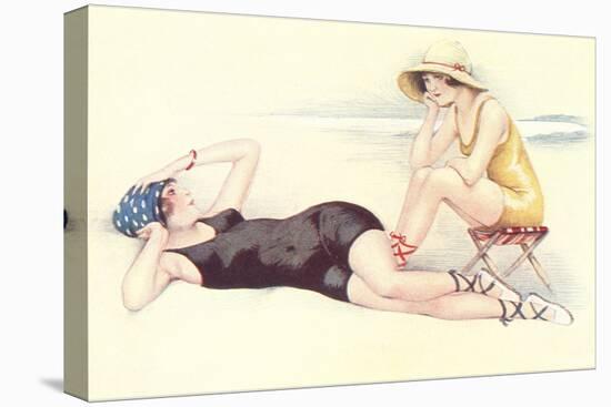 Women in Bathing Costumes Lounging on Beach-null-Stretched Canvas