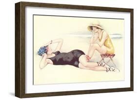 Women in Bathing Costumes Lounging on Beach-null-Framed Art Print