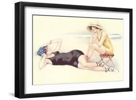 Women in Bathing Costumes Lounging on Beach-null-Framed Art Print