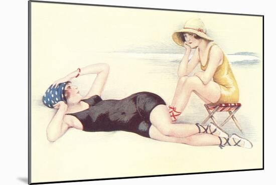 Women in Bathing Costumes Lounging on Beach-null-Mounted Art Print