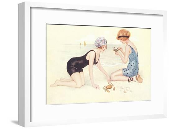 Women in Bathing Costumes Playing with Crabs--Framed Art Print
