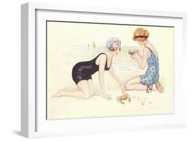 Women in Bathing Costumes Playing with Crabs-null-Framed Art Print