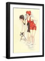 Women in Bathing Costumes with Terrier-null-Framed Art Print